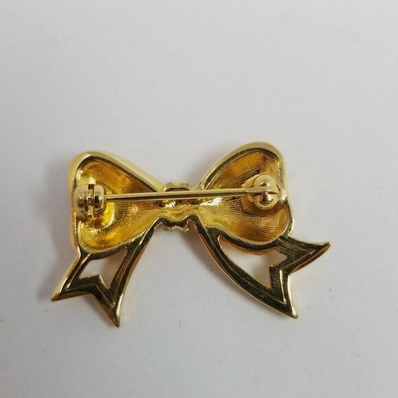 Vintage Rhinestone Encrusted Bow Shape Brooch Gold Tone Lapel Pin, Festive - Picture 3 of 6
